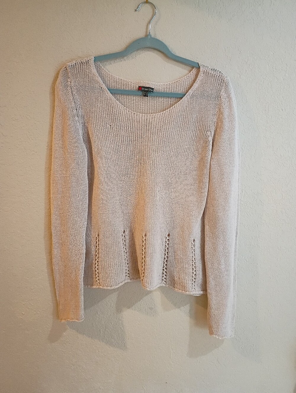 Street One Women EU 40 Cream Distressed Open Knit Sweater Y2K Boho Pullover Read